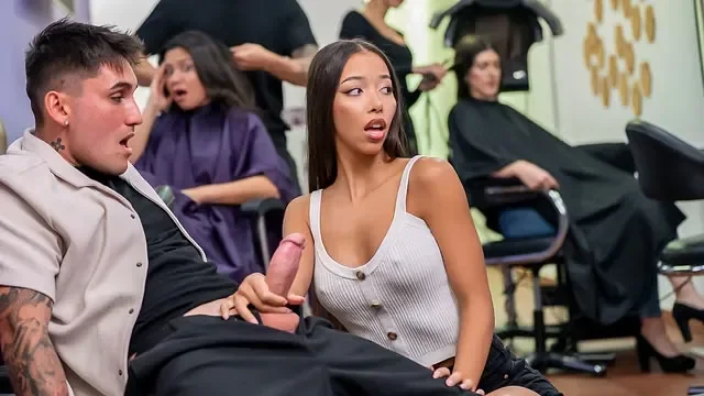 Lia Lin Deepthroats Tattooed Cock in the Busy Salon