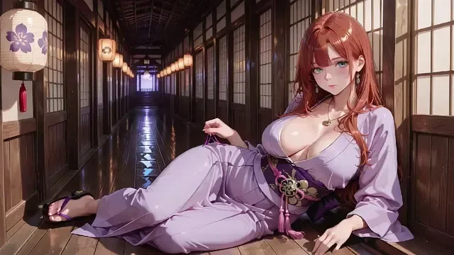 Red-haired Kimono Goddess&excl; Kneeling under the sacred Torii gate&comma; she adjusts her soaked backless outfit with a shy gaze&period;