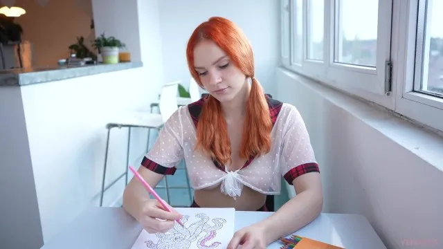Schoolgirl Draws a Coloring Book and Spreads Her Legs when a Guy Comes for Cr...